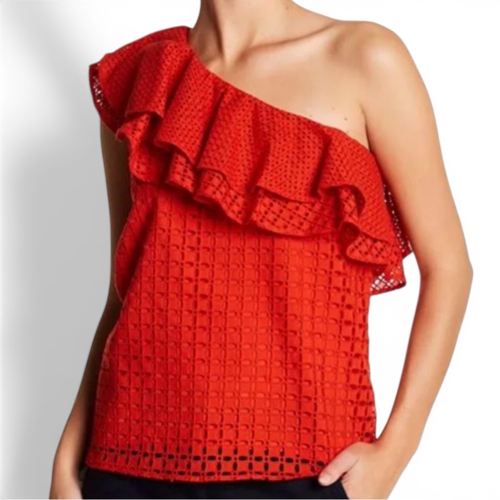 EUC J.Crew Red Orange Eyelet One Shoulder Ruffle Top Asymmetrical Blouse Size 12